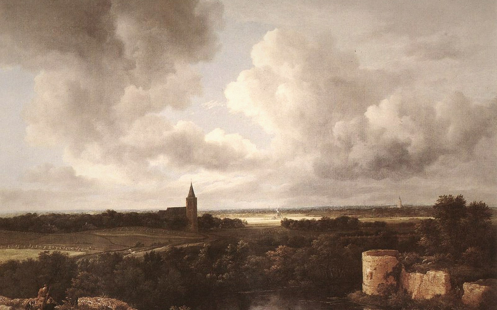 Painting of a ruined castle tower and distant church beneath a vast cloudy sky